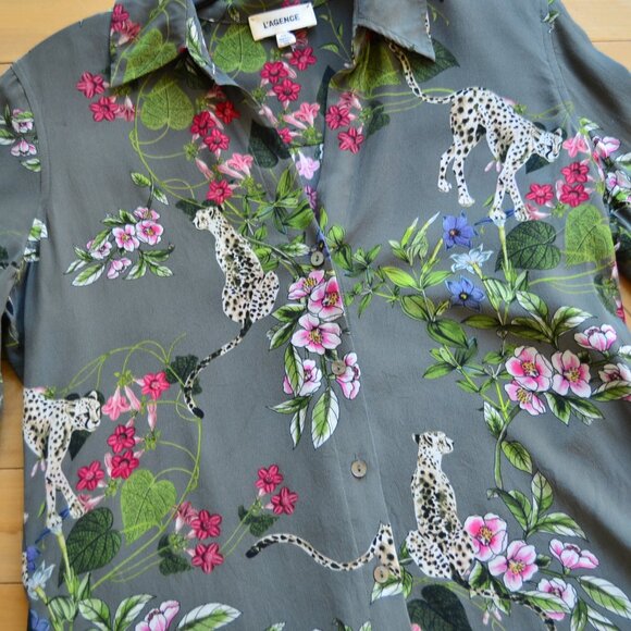 L'AGENCE NINA KAHKI CHEETAH SILK SHIRT SIZE XS - Picture 3 of 13